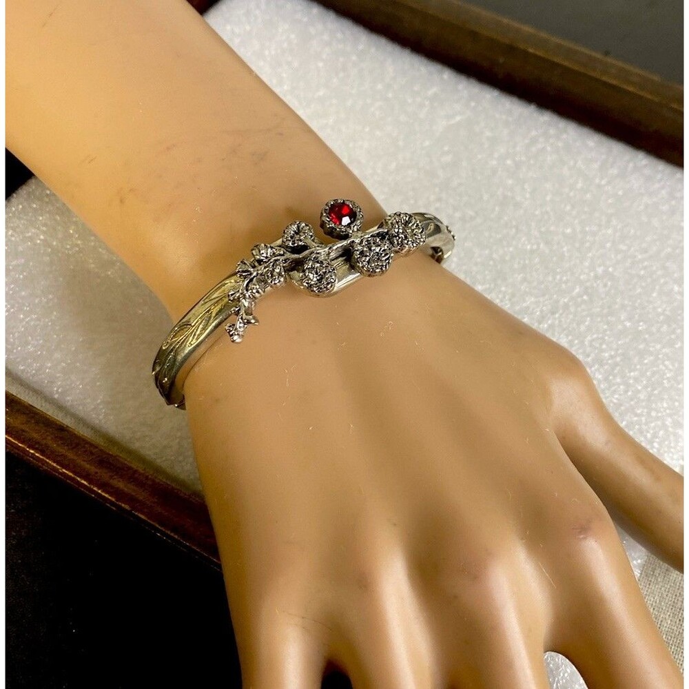 Vintage Silvertone LENOX July Garnet Rhinestone Flower Bangle Bracelet
